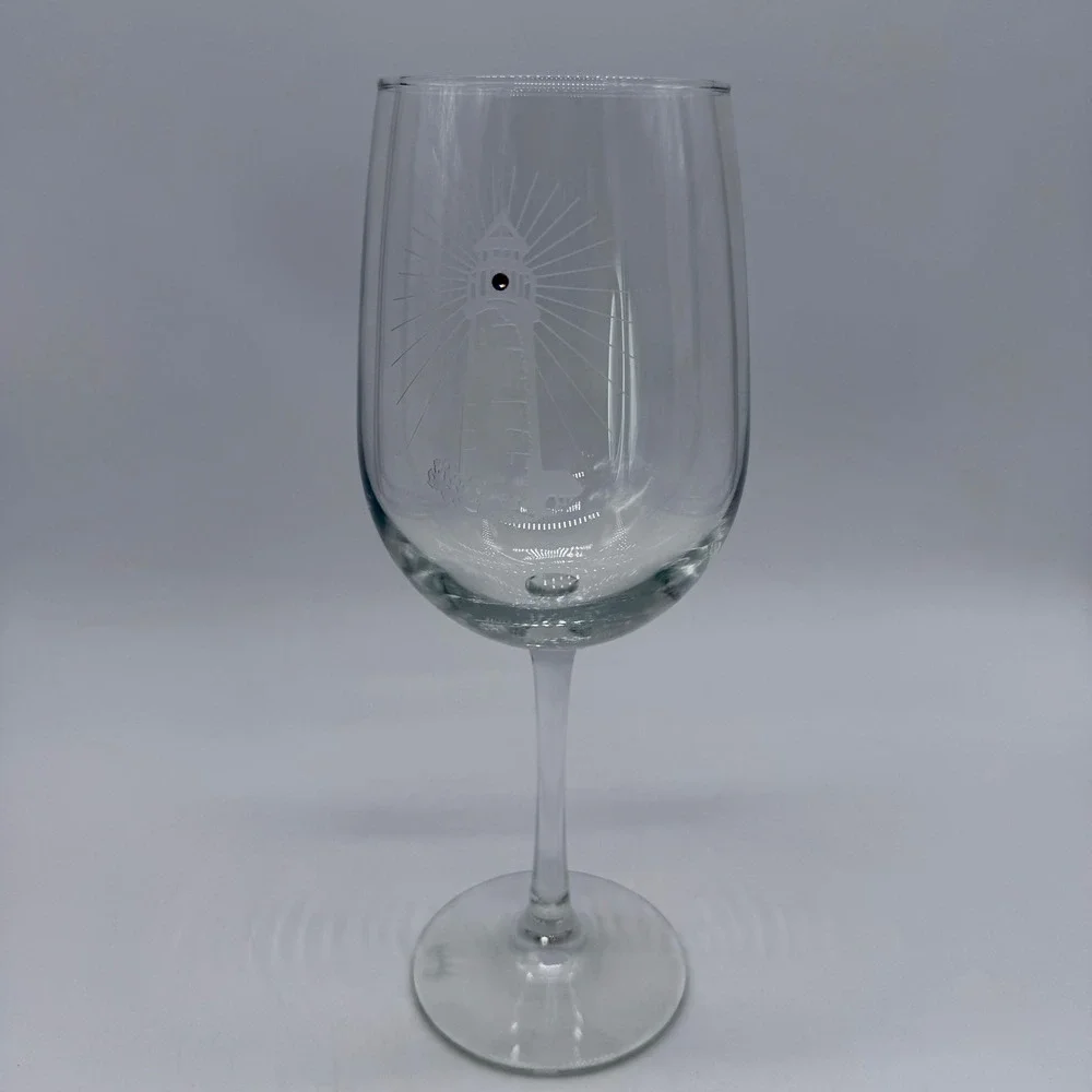 Etched Lighthouse Wine Glass with Rhinestone‎ Detail Coastal Nautical Stemware